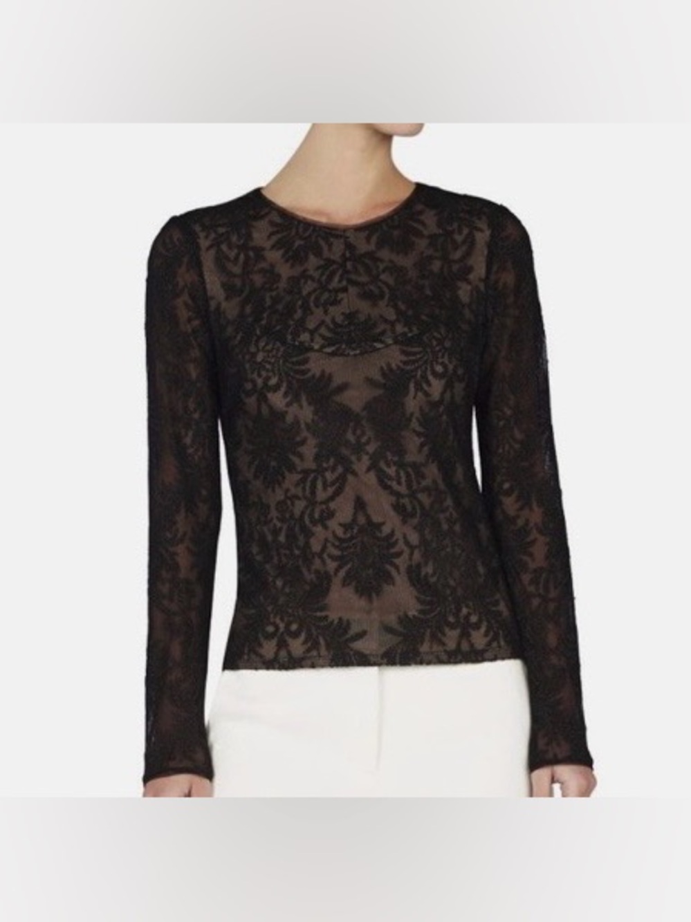BCBG Maxazria Kendalin Black Sheer Lace Long-Sleeve Tee